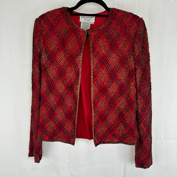 Vintage Papell Boutique Red and Gold Sequins Plaid Cropped Silk Evening Jacket - Picture 5 of 8